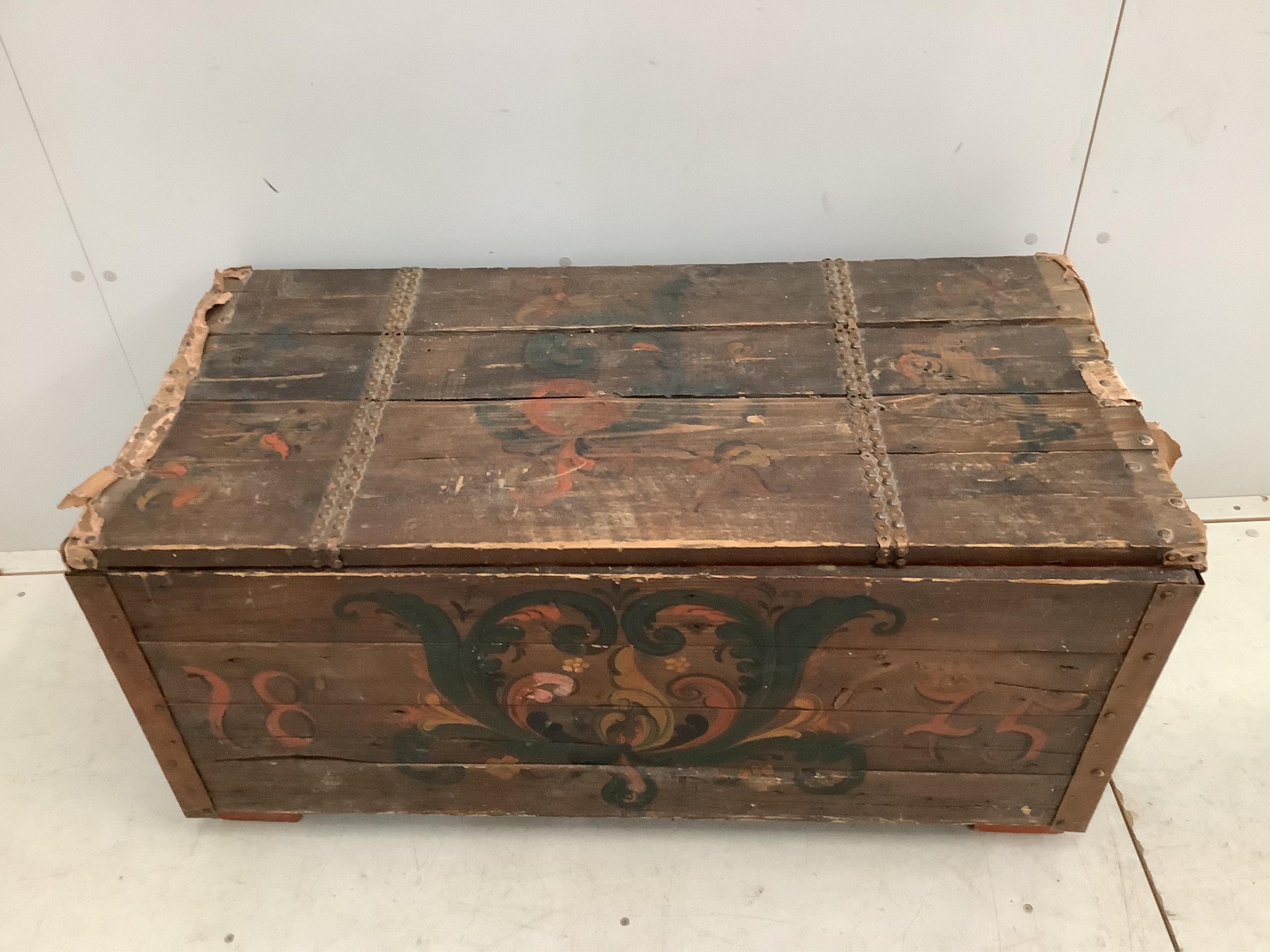 A Dutch painted wood trunk, width 100cm, depth 49cm, height 50cm